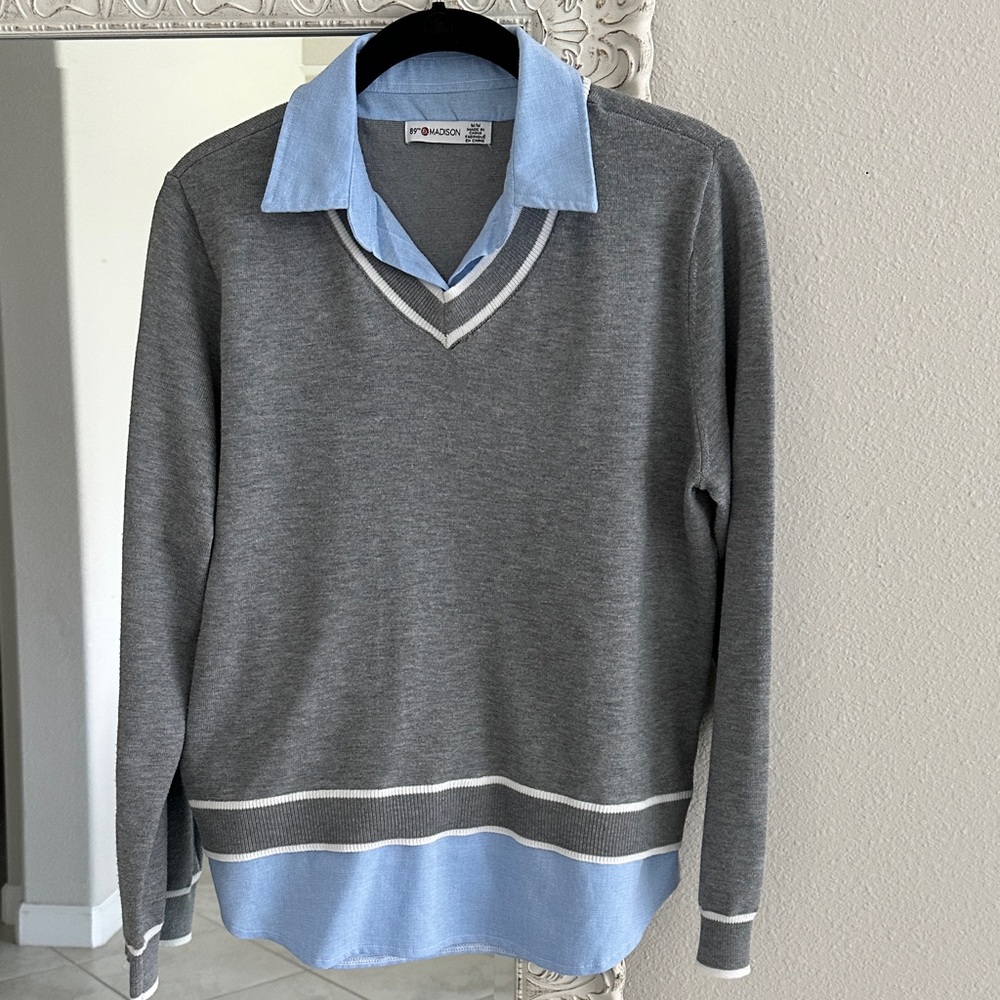 89th & Madison Sweater Gray With Blue Collared Shirt